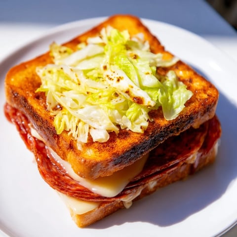 A close-up of a golden-brown Italian Sub Grilled Cheese, overflowing with melted provolone, salami, and pepperoni.