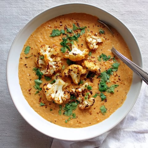 A bowl of fragrant red lentil dhal topped with golden cumin-roasted cauliflower florets, finished with fresh cilantro.