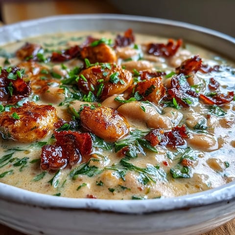 Velvety Creamy Tuscan White Bean Soup simmering in a rustic pot, garnished with crispy pancetta and a drizzle of olive oil.