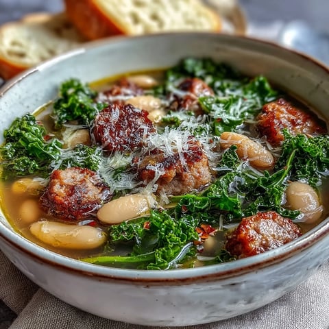 Steaming Italian White Bean Soup with kale and sausage, served in a rustic bowl.