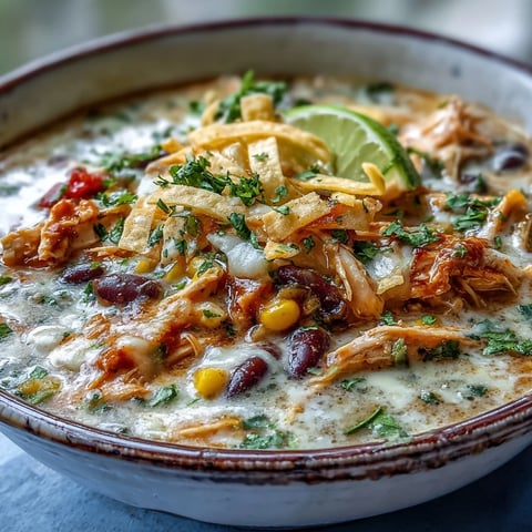 Creamy Easy Chicken Tortilla Soup simmering in a pot with shredded chicken, black beans, and corn, topped with melted cheddar and tortilla strips.