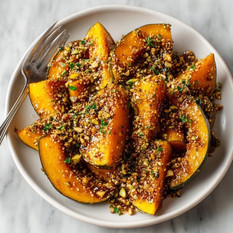 Golden, caramelized maple glazed acorn squash, generously topped with crunchy pistachio crumble.