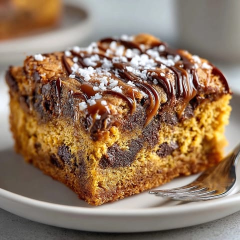 A close-up of golden-brown Salted Caramel Pumpkin Chocolate Chip Blondies with melting caramel.