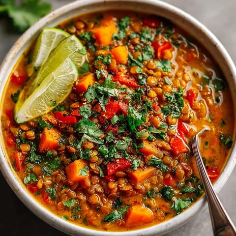 Creamy, fragrant Coconut Curry Lentil Soup: a close-up showcasing the hearty, vibrant flavors.