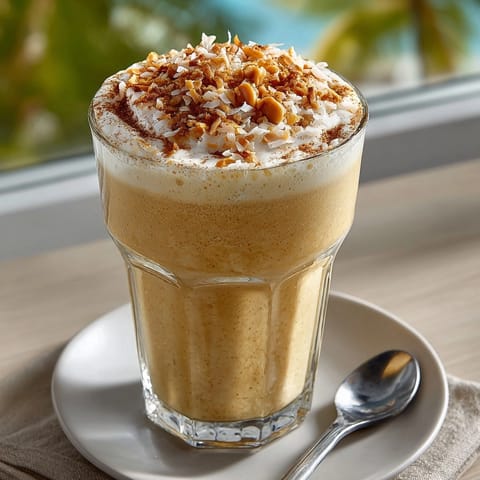 Refreshing Thai Coconut Peanut Butter Smoothie with banana and cinnamon, served chilled in tall glass.