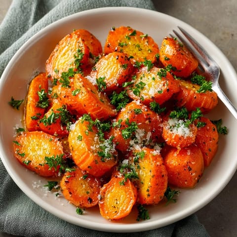Close-up of roasted carrots recipe, glistening with olive oil and cracked black pepper, ready to serve.