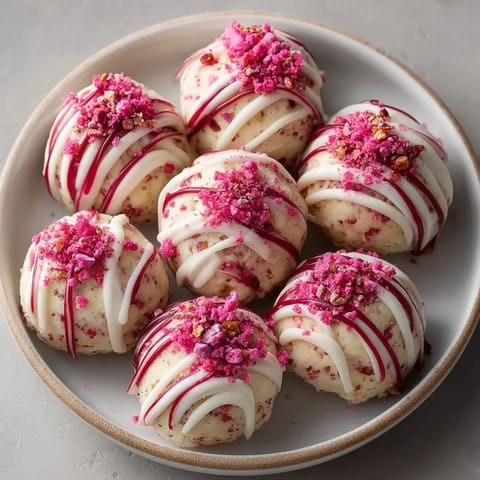 Close-up of Strawberry Shortcake Energy Bites glowing with creamy texture, freeze-dried strawberries, and sweet chocolate topping.