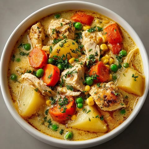 Close-up of homemade Chicken Pot Pie Soup; rich broth, chicken pieces, vegetable flecks visible.