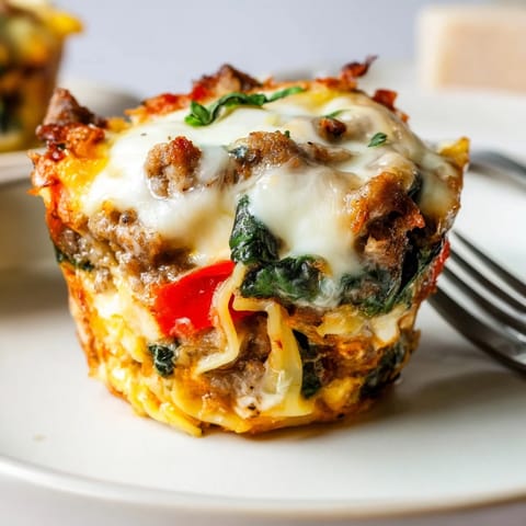 Warm Spicy Lasagne Soup Egg Muffins topped with fresh basil, ideal for any meal.  
