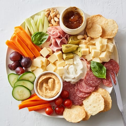 An inviting Girl Dinner Platter with colorful dips, fresh veggies, and tasty meats.  
