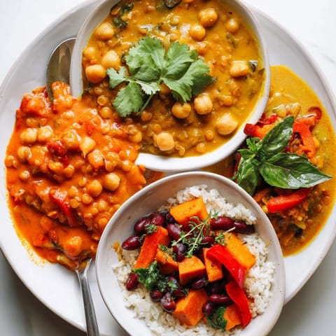 Colorful variety of one-pot curries bursting with spices and rich coconut cream.  