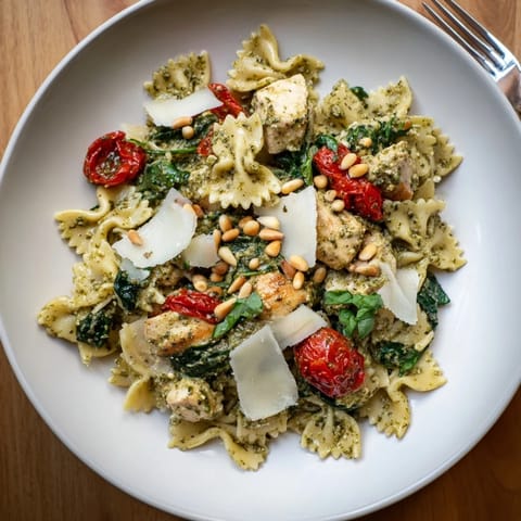 Creamy Pesto Chicken Bowtie Pasta served with wilted spinach and cherry tomatoes.  