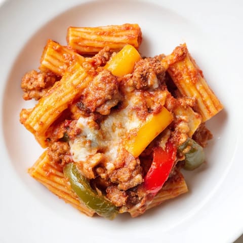 A close-up of golden-brown Baked Rigatoni with Sausage & Peppers, its savory aroma tempting you.