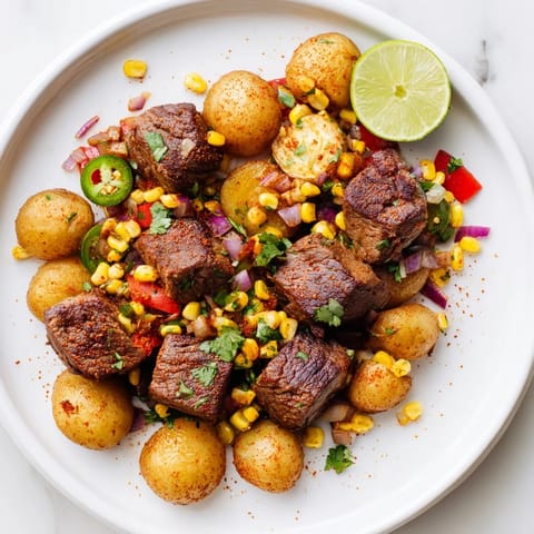 A sizzling skillet showcasing the delicious Southwest Steak & Potato Skillet, seasoned and cooked to perfection.