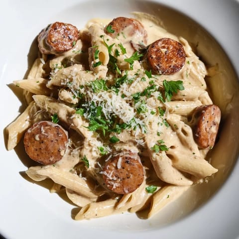 Steaming plate piled high with Cajun Spiced Smoked Sausage Alfredo, ready for a delicious dinner.