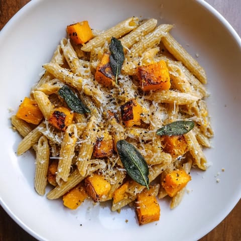 This Brown Butter Pasta with Butternut Squash showcases al dente pasta with toasted sage and Parmesan cheese.