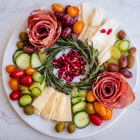 A Quick Christmas Charcuterie Wreath Board, a visually stunning appetizer arranged with festive flair in a wreath.