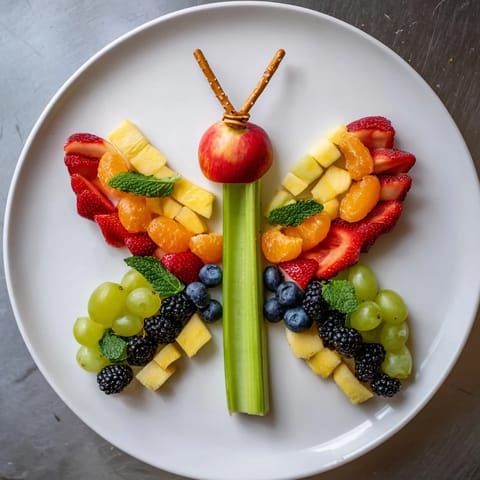 Colorful Butterfly Fruit Tray features juicy strawberries and kiwi, perfect for a cheerful brunch spread.