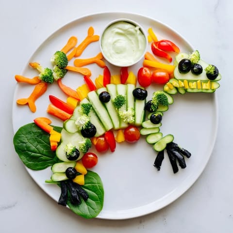 Fresh vegetable T-Rex Fossil Crudités arrangement with bell pepper claws and broccoli florets, ready to eat.