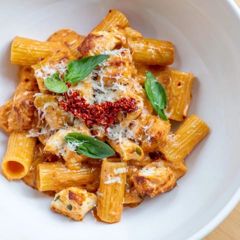 A comforting bowl of Spicy Vodka Chicken Pasta with perfectly cooked rigatoni and browned chicken pieces.