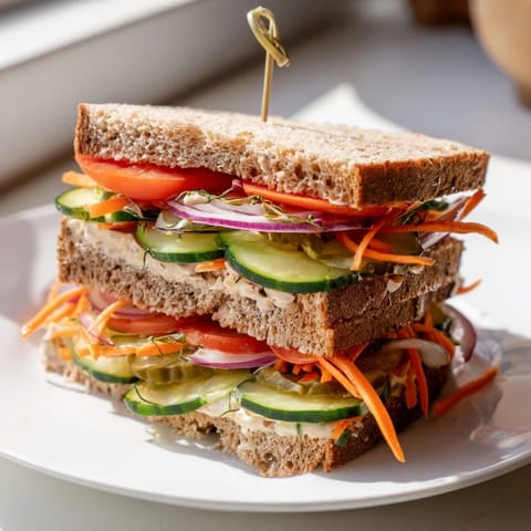 A refreshing crunchy dill pickle sandwich with overflowing pickles and veggies, ready to enjoy.