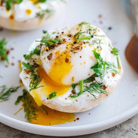 Elegant Çılbır Eggs Benedict brunch: golden spiced butter drizzling tender eggs on creamy yogurt.