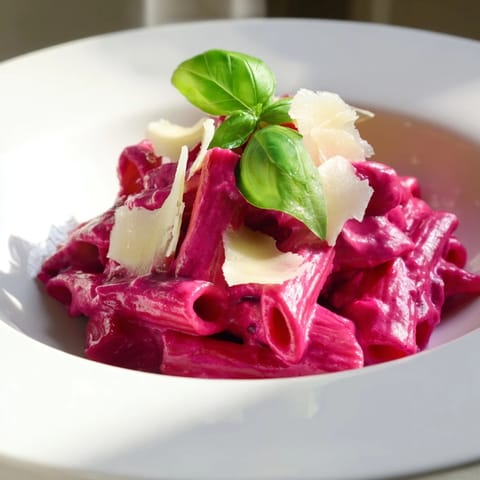 Beautiful pink pasta with beet cream, rich and flavorful, glistening, ready to serve with extra cheese.