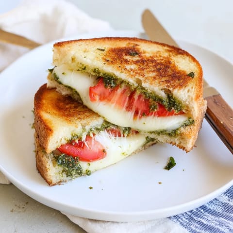 Freshly grilled Caprese Pesto Grilled Cheese, showcasing creamy mozzarella, ripe tomato, and basil pesto between crusty bread.