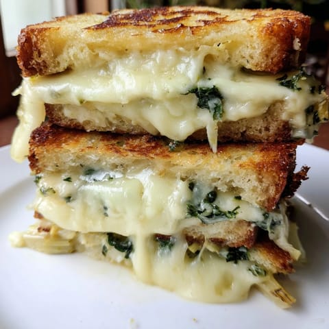 Artichoke Spinach Grilled Cheese sandwich with a creamy, gooey filling, served on a rustic wooden cutting board.  