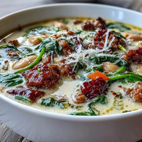Hearty bowl of Creamy Tuscan White Bean Soup with Sausage served alongside crusty bread for dipping.