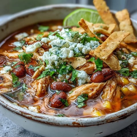 Chicken Tortilla Soup topped with fresh cilantro and lime wedges, served alongside crunchy golden corn tortilla strips.