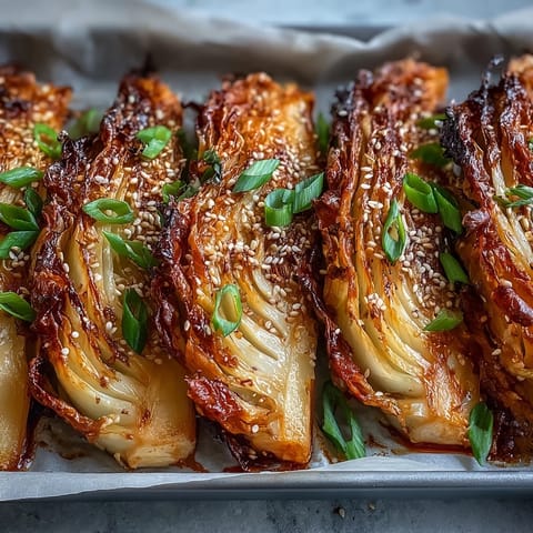 Golden-brown Miso Butter Roasted Cabbage Wedges with crisp edges on a platter garnished with sesame seeds and scallions.