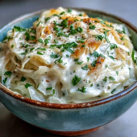 A close-up of Creamed Cabbage with silky white sauce, steaming and ready to pair with roasted chicken.