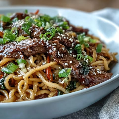 Tender strips of beef and crisp vegetables rest on glossy rice noodles in a steaming bowl, garnished with green onions and sesame seeds.