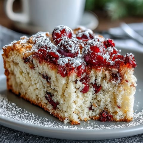Warm slice of Cranberry Orange Breakfast Cake on a wooden cutting board, revealing a moist interior with colorful cranberry bursts and aromatic citrus zest. 