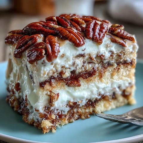 Decadent slice of Butter Pecan Tres Leches Cake topped with whipped cream and gooey caramelized pecans on a plate.