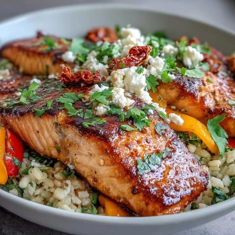 A vibrant Mediterranean Salmon Bowl with flaky fish, crisp rice, and sun-dried tomatoes.