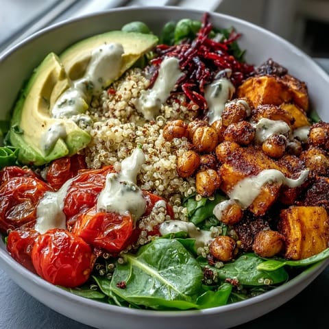 Vibrant quinoa Buddha Bowl topped with caramelized sweet potatoes, crispy chickpeas, and creamy tahini drizzle.