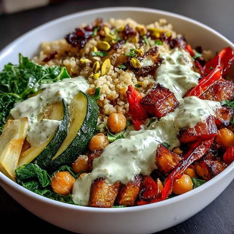 Colorful Mediterranean Buddha Bowl Meal Prep featuring steamed kale, sweet peppers, and crunchy pistachios.