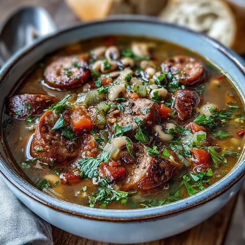 Rustic pot of Black-Eyed Peas and Sausage Soup simmering with diced carrots, red bell pepper, and herbs.