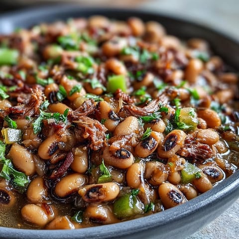 Tender Classic New Years Black-Eyed Peas topped with fresh parsley and hot sauce, served alongside cornbread on a farmhouse table.