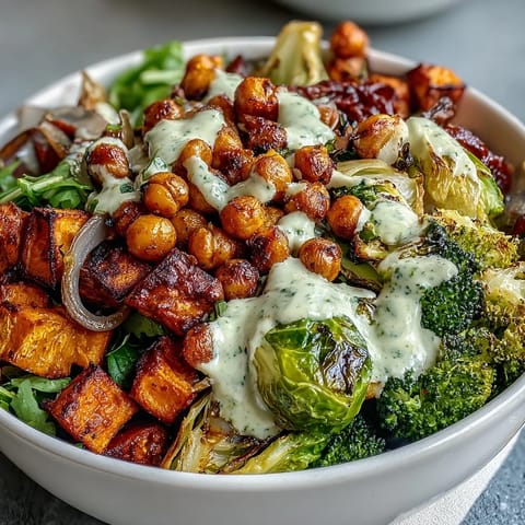 Crispy roasted chickpeas and caramelized vegetables in Roasted Veggie & Chickpea Bowls with Maple Dijon Tahini Dressing.