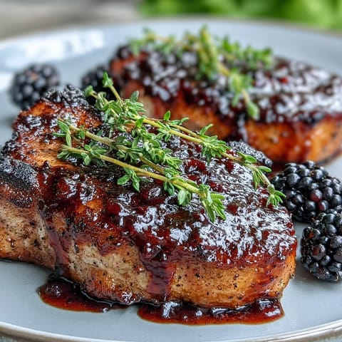 Garnished Bourbon Blackberry Pork Chops with thyme, served over creamy mashed potatoes.