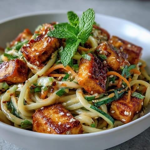 Freshly spiralized cucumbers and noodles tossed in a creamy, spicy chili crisp sauce in a bright bowl.