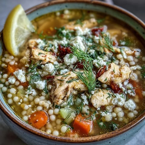 Close-up of steaming Greek Chicken & Pearl Couscous Soup, featuring lemon wedges and tender vegetables in a rich broth.