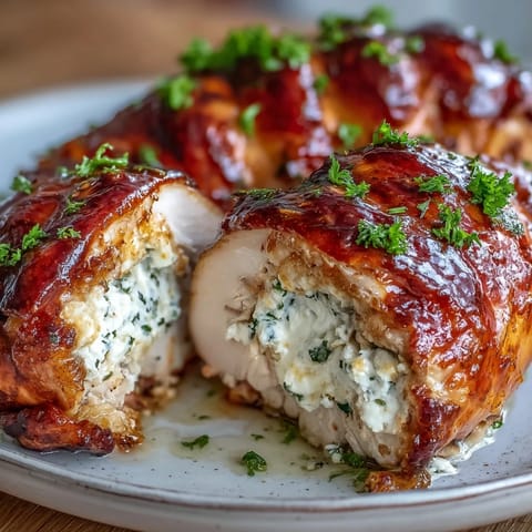 Golden-brown, oven-roasted Hot Honey Ricotta Stuffed Chicken breasts resting on a platter, glistening with a glossy, sweet-spicy glaze and fresh herb garnish.