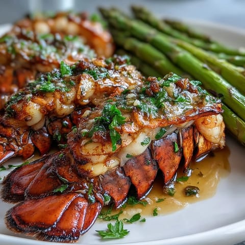 Roasted Keto Garlic Butter Lobster Tails with Asparagus on a baking sheet with melted butter and herbs.