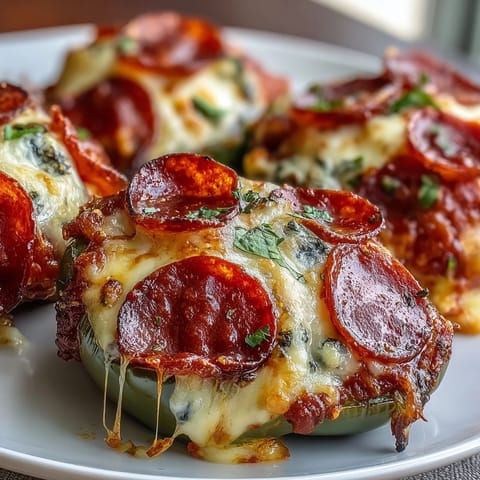 Peppery Keto Pizza Stuffed Peppers filled with savory marinara and melted mozzarella, garnished with chopped fresh parsley.
