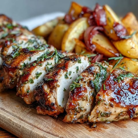 Grilled Herb Chicken with Roasted Root Vegetables plated next to the juicy grilled chicken.