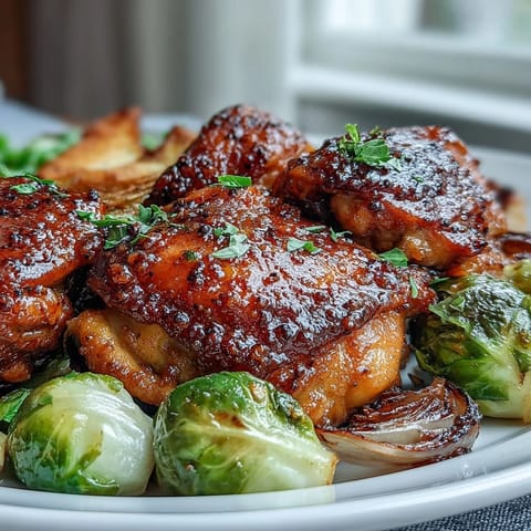 Juicy glazed chicken thighs and crispy Brussels sprouts roast together on one pan for an easy Sheet Pan Honey Mustard Chicken with Brussels Sprouts.
